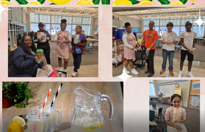 Teacher with group of students showing lemonade sale 